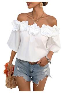 SHENHE Women's Off Shoulder 3D Flower Rosette Half Sleeve Blouse Summer Going Out Top Small White