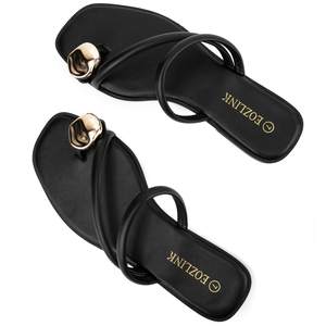 Eozlink Women's Toe Ring Flat Sandals, Slip On Dressy Summer Slides | PU Upper with Square Toe and Metal Accen