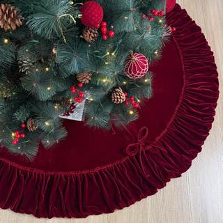 Ruffled Velvet Christmas Tree Skirt with Foam Padding, Nylon Backing and Lace-Up Tie Closure (Burgundy, 60-Inc