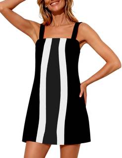 Yidarer Women's Summer Mini Dress Adjustable Straps Color Block Casual Relaxed Fit Overall Dresses with Pocket