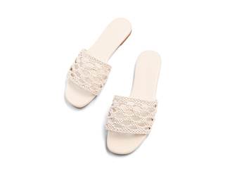 Coutgo Womens Flat Sandals Braided Open Square Toe Slip On Slide Sandals Dressy Beach Vacation Shoes 6 Beige