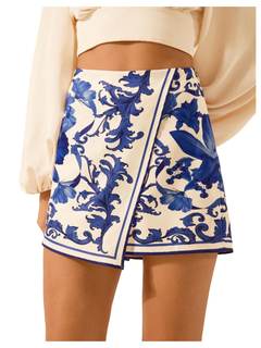 MakeMeChic Women's Floral Wrap Skirt Vacation High Waist Wide Leg Boho Shorts Skorts Medium Blue and White
