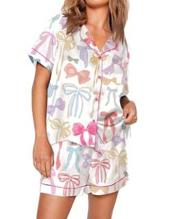 Passec Womens Christmas Pajamas Shorts Sets Satin Silk 2 Pieces Xmas Pj Set Bown Down Bow Holiday Jammies Bow 