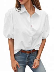 Tankaneo Womens Button Down Shirts Puff Sleeve Tops Summer Cotton Blouses | Loose Fit, Boxy, Dressy Casual, Co