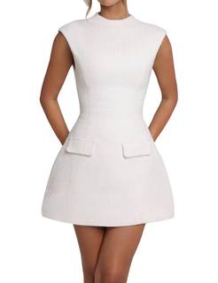 Women's Cap Sleeve Mock Neck Cut Out Backless Mini Dress | Tweed Dress, Backless, Adorned Welt Pockets, Back N