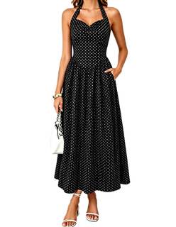 Women's Vintage Polka Dot Halter A-Line Maxi Dress with Pockets | Ruched sweetheart bust, adjustable tie-back 