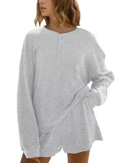 MISSACTIVER Waffle Knit Lounge Sets for Women Long Sleeve Oversized Sweatshirt Elastic Waist Shorts Fall 2 Pie
