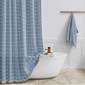 BTTN Long Boho Farmhouse Linen Heavy Duty Cloth Shower Curtain, 72x84, Blue | Tall Size, 330GSM Linen Blend, 3