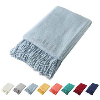 Homiest Pale Blue Knitted Throw Blanket with Fringe, 50x60 Inch | Pure Acrylic, Lightweight & Breathable, All-