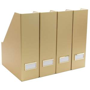 BLU MONACO | Gold Cardboard Magazine File Holder Set of 4 | Vertical Magazine File Holder for Shelves | Standi