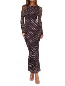 REORIA Women's Fall Mesh Sheer Long Sleeve Wedding Guest Dress Sexy Floral Bodycon Maxi Long Dresses Small Coc