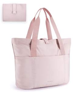BAGSMART Tote Bag for Women, Foldable Tote Bag With Zipper Travel Shoulder Bag Handbag for Work Baby Pink