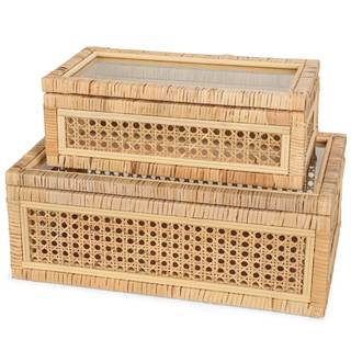 Large Handwoven Boho Rattan Display Boxes with Glass Lids Set of 2 | Rectangular Decorative Storage Bins Natur