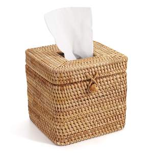 Rattan Square Tissue Box Cover, 5.7" x 5.7" x 5", Decorative Woven Facial Tissue Holder with Hinged Top Lid, N