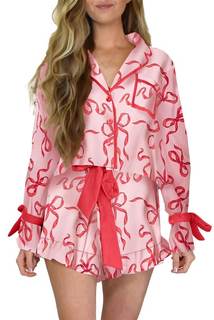 Yiulangde Valentines Heart Bow Pajamas for Women Silk Satin Ruffle Shorts Pjs Tie Front Long Sleeve Shirts Paj