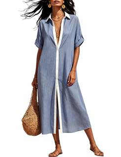 Womens Color Block V Neck Shirt Dress Linen Cotton Button Down Coverups Casual Loose Beach Maxi Dress with Poc