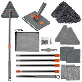 Base Board Cleaner Tool with Handle, Wall Cleaner Mop, 8 Pads | 360° Rotated Triangle/Rectangle Head, 180° Fol