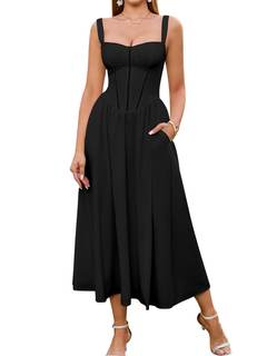 KUTUMAI Summer Floral Corset Midi Wedding Guest Dresses for Women | Slit Flowy Sundress with Pockets, Idea for