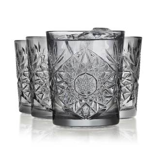 Libbey Hobstar Double Old Fashioned Glasses, Smoke Colored Cut Glass Drinking Glasses Set of 4, Durable, Vinta