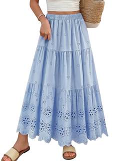 Mansy Women's Boho Eyelet Embroidery Maxi Skirt, 100% Cotton Elastic High Waist A-Line Summer Casual Beach Lon