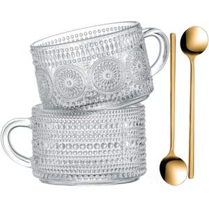 Gezzeny Vintage Glass Coffee Mugs 14 Oz Set of 2 Clear Embossed Tea Cups, Glass Coffee Cups for Cappuccino, La