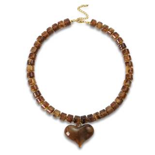 Brown Acrylic Puff Heart Pendant Necklace for Women Exaggerated Statement Chunky Resin Beaded Strand Necklace 