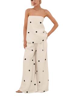 calbatic Women Polka Dot 2 Piece Outfits Spot Strapless Tube Top High Waist Wide Leg Pants Casual Lounge Set M