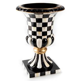 MACKENZIE-CHILDS Pedestal Tabletop Urn, Black-and-White Courtly Check | Hand-painted design, made from resin, 