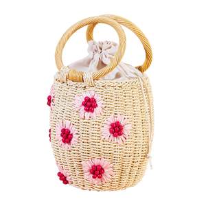 Flower Pearls Rattan Tote Bag Summer Beach Drawstring Straw Bucket Bag Diamonds Woven Handbag J Beige