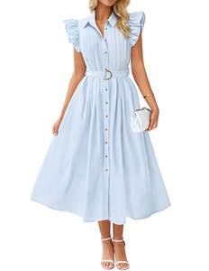 ZESICA Womens Summer Button Midi Dress Casual Work Dresses | Belted Dress,Button Down,Flutter Short Sleeve Dre
