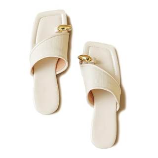 Lymphvity Women's Ring Toe Metal Flat Sandals Summer Slip-on Square Open Toe Non-Slip Beach Flats Slippers 7 B