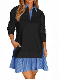 Wenrine Womens Oversized Sweatshirt Dress Casual Long Sleeve Mini Dresses | Collared V Neck, Patchwork, Loose 