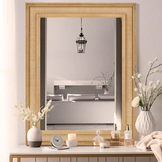 WallBeyond Rattan Wall Mirror Rectangle, 32 X 44 inch Rattan Mirror with Wooden Framed for Wall Decor Bathroom
