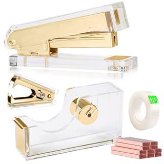 Acrylic Gold Tape Dispenser & Desktop Stapler, Includes Staple Remover, Tape, 1000pcs Staples - Cute Office St