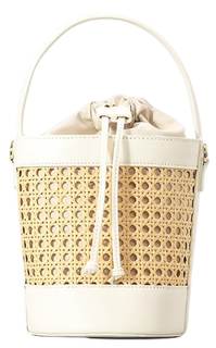 Rattan Bucket Bag for Women Straw Beach Bag Drawstring Crossbody Purse PU Leather Summer Shoulder Tote Bag Cut