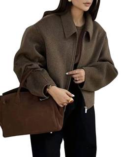 Womens Cropped Wool Jacket Plain Zipper Short Pea Coats Fall Winter Trendy Tweed Jackets 2025 Brown Large