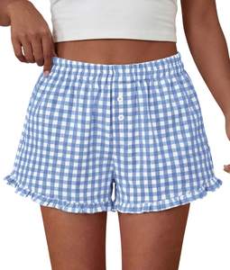 PRETTYGARDEN Womens Boxer Shorts Striped Gingham Ruffle Pajama Bottoms | Elastic Waist, With Pockets, Plaid Sh