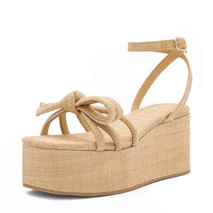 Raffia Platform Sandals for Women,Bow Ankle Strappy Espadrille Wedges Sandals Comfortable Square Open Toe Stra