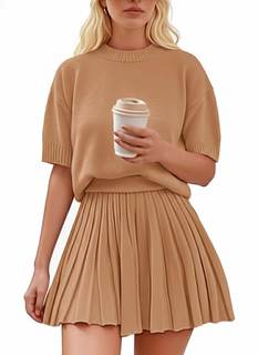 Womens 2 Piece Outfits 2026 Short Sleeve Crewneck Knit Tops And Pleated Mini Skirt Two Piece Sets Khaki X-Larg