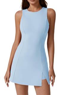QINSEN Womens Crew Neck Tennis Dress Sleeveless Side Slit Golf Athletic Dress Build in Shorts with Pockets Lig