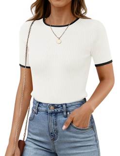 ZESICA Women's Summer Short Sleeve Business Casual Tops | Ribbed Knit, Slim Fit, Crewneck, Color Block, Basic 