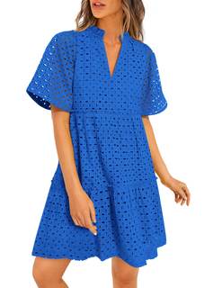 PRETTYGARDEN Eyelet Dresses for Women 2026 Summer Short Sleeve V Neck Hollow Out Ruffle A Line Boho Beach Vaca