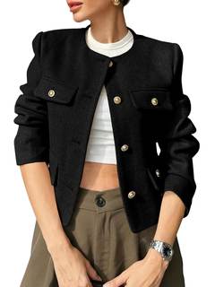 Cicy Bell Womens Cropped Tweed Blazers Jacket Collarless Button Down Coats | Business, Dressy, Casual, Trendy,