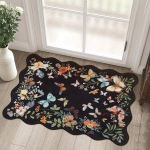 Rugalia Washable Scalloped Butterfly Entryway Rug, 2x3 Black Non-Slip Boho Indoor Door Mat Ultra Thin Soft Sma