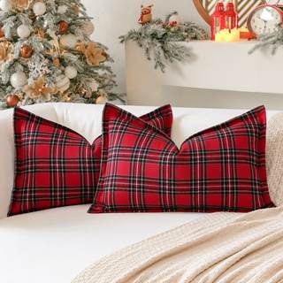 OTOSTAR Pack of 2 Christmas Scottish Plaid Throw Pillow Covers Decorative Check Tartan Lumbar Pillow Covers wi