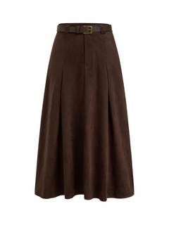 CIDER Womens Faux Suede Maxi Skirts Pleated High Waist A-Line Skirt with Belt Vintage Going Out Outfit Fall Tr