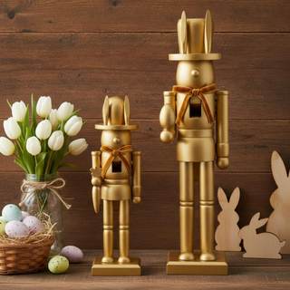 Weysat 2 Pcs Neutral Easter Nutcracker Figure Gold Wooden Bunny Nutcracker Figures with Velvet Bow Easter Orna