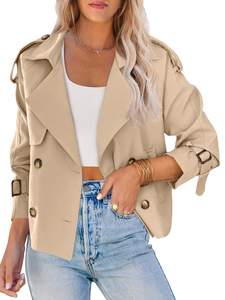 Saodimallsu Women Crop Double Breasted Trench Coat Short Cropped Jacket | Raglan Sleeve,Work,Office,Pockets,Sh
