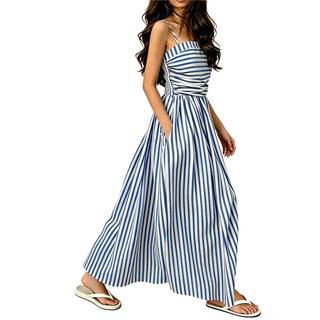 Women's Striped Maxi Dress Spaghetti Strap Back Smocked Flowy Swing Beach Sundress Medium Blue