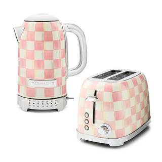 MACKENZIE-CHILDS Stainless-Steel Electric Kettle Bundle with Stainless-Steel 2-Slice Toaster, Pink-and-White R